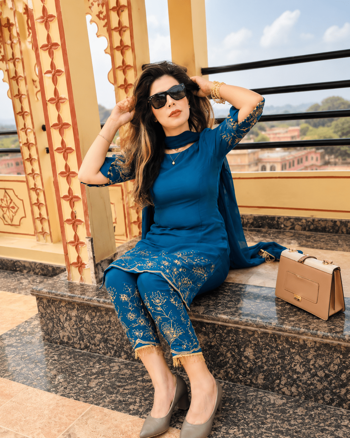 Women Teal Blue Ethnic Motifs Embroidered Chanderi Silk Kurta with Trousers & Dupatta - Image 2