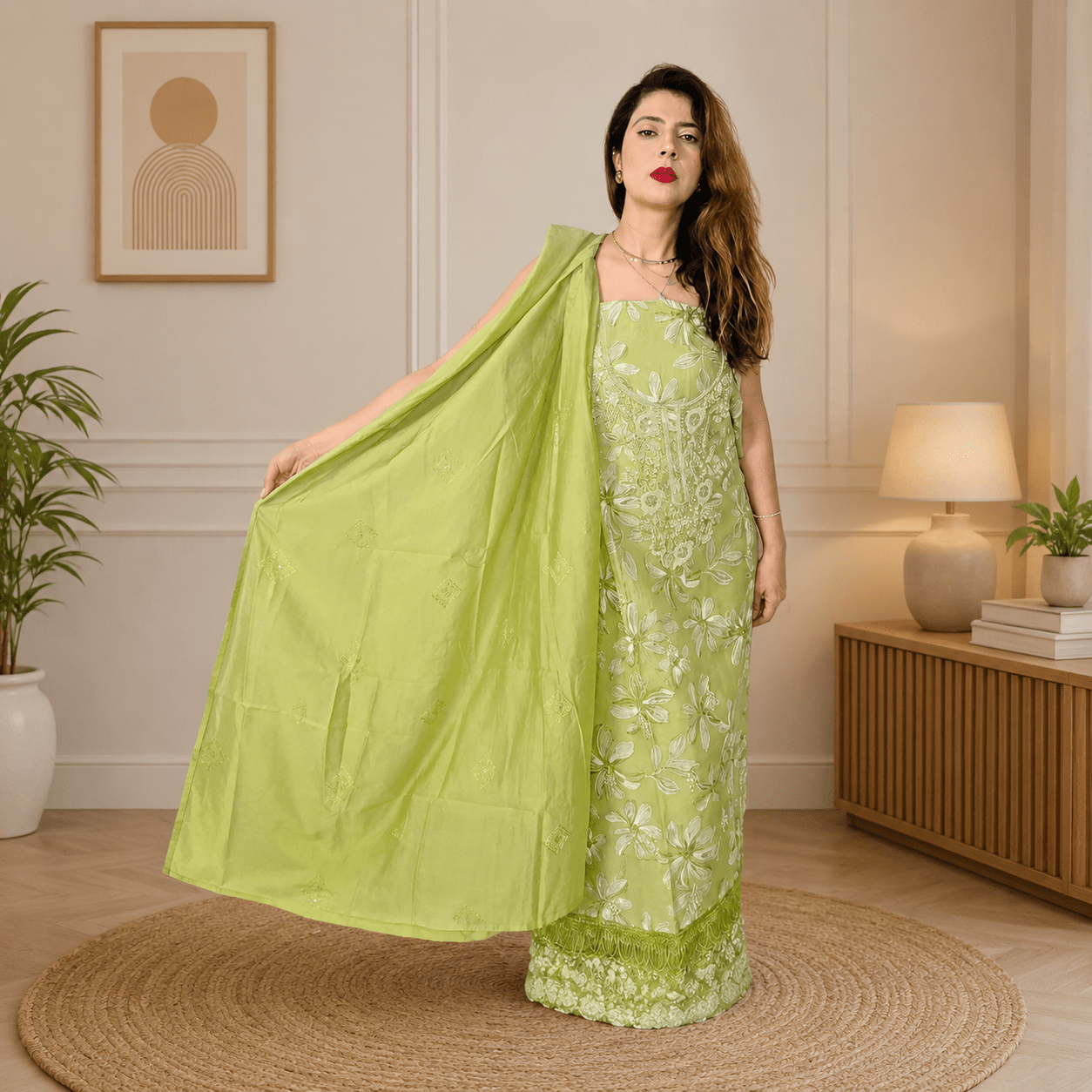 EthnicPlus green Floral Chikankari Embroidered Unstitched Dress Material With Dupatta - Image 2