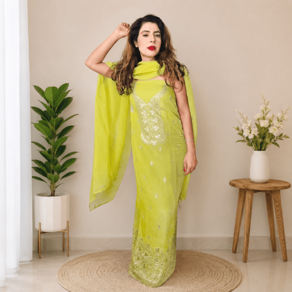 Women Lime Green Embroidered Unstitched Dress Material