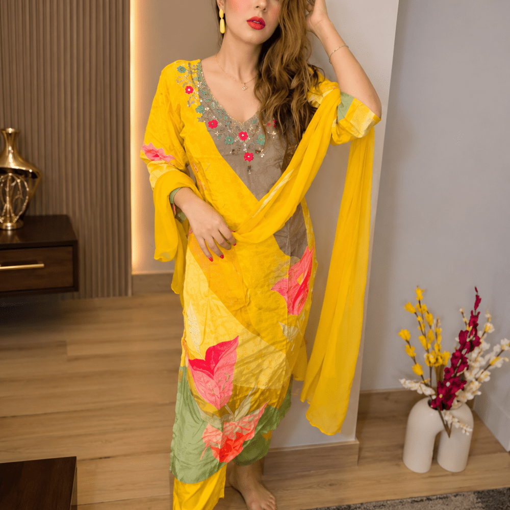 Women Mustard Green Embroidered Schiffli Co-ord Set