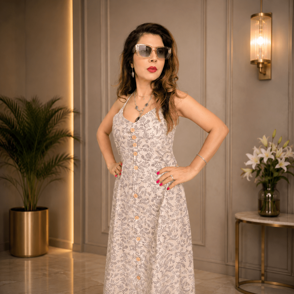 Women Beige & Grey Floral Printed A-Line Midi Dress with Wooden Button Details