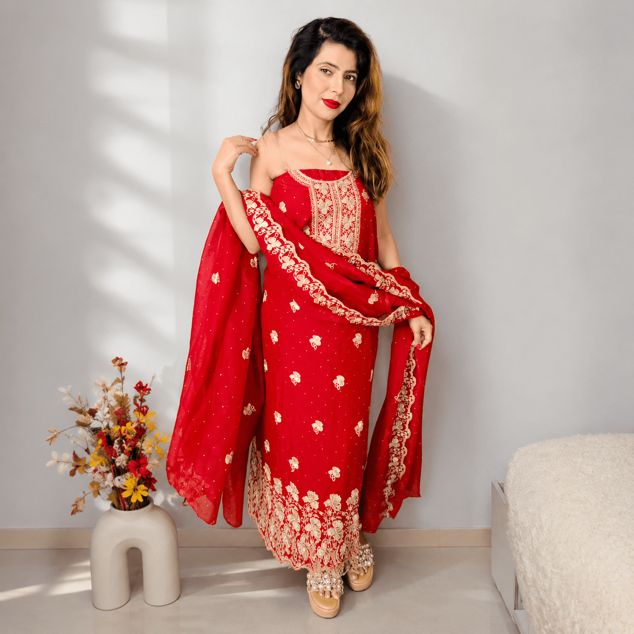 Women Red Ethnic Motifs Embroidered Unstitched Suit Material with Organza Dupatta