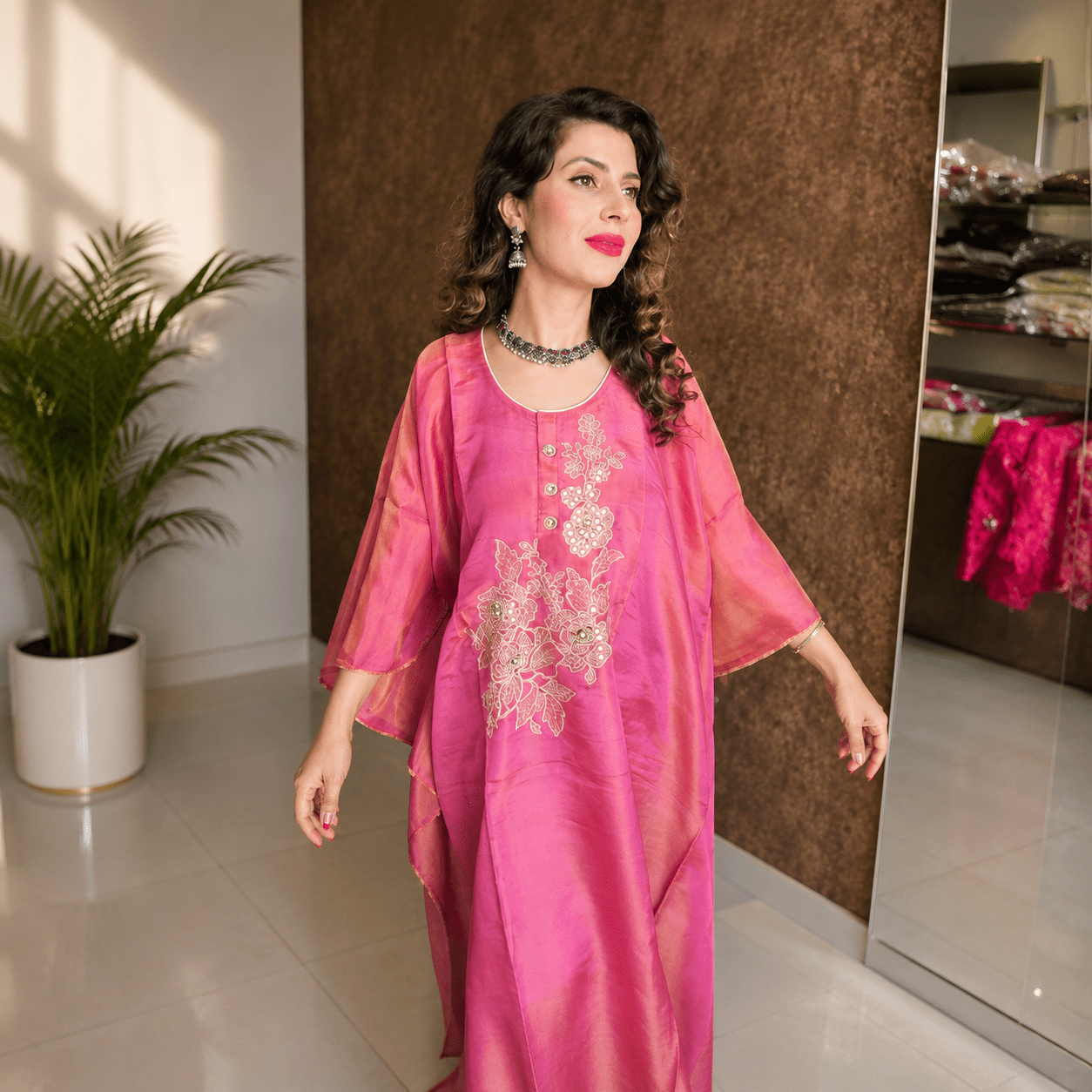 Festival Special Pink Silk-Blend Unstitched Ethnic Motifs Embroidered Kurta Fabric with Scalloped Dupatta & Bottom Fabric - Image 3