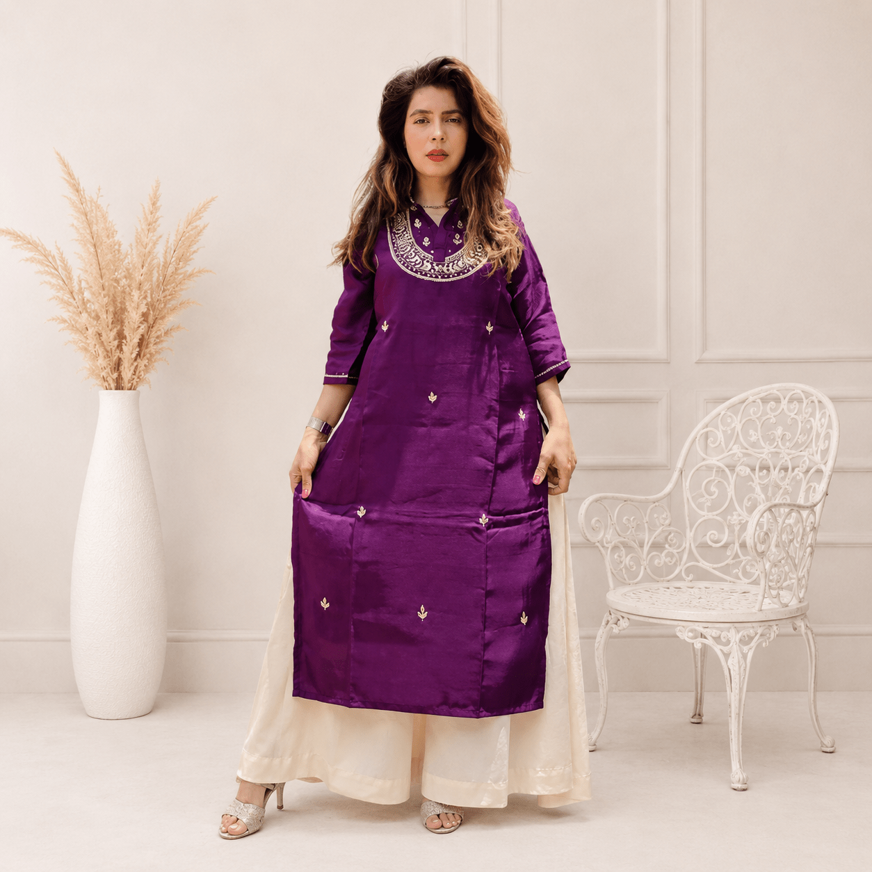 Women Purple Ethnic Motifs Embroidered Chanderi Silk Straight Kurta - Image 2