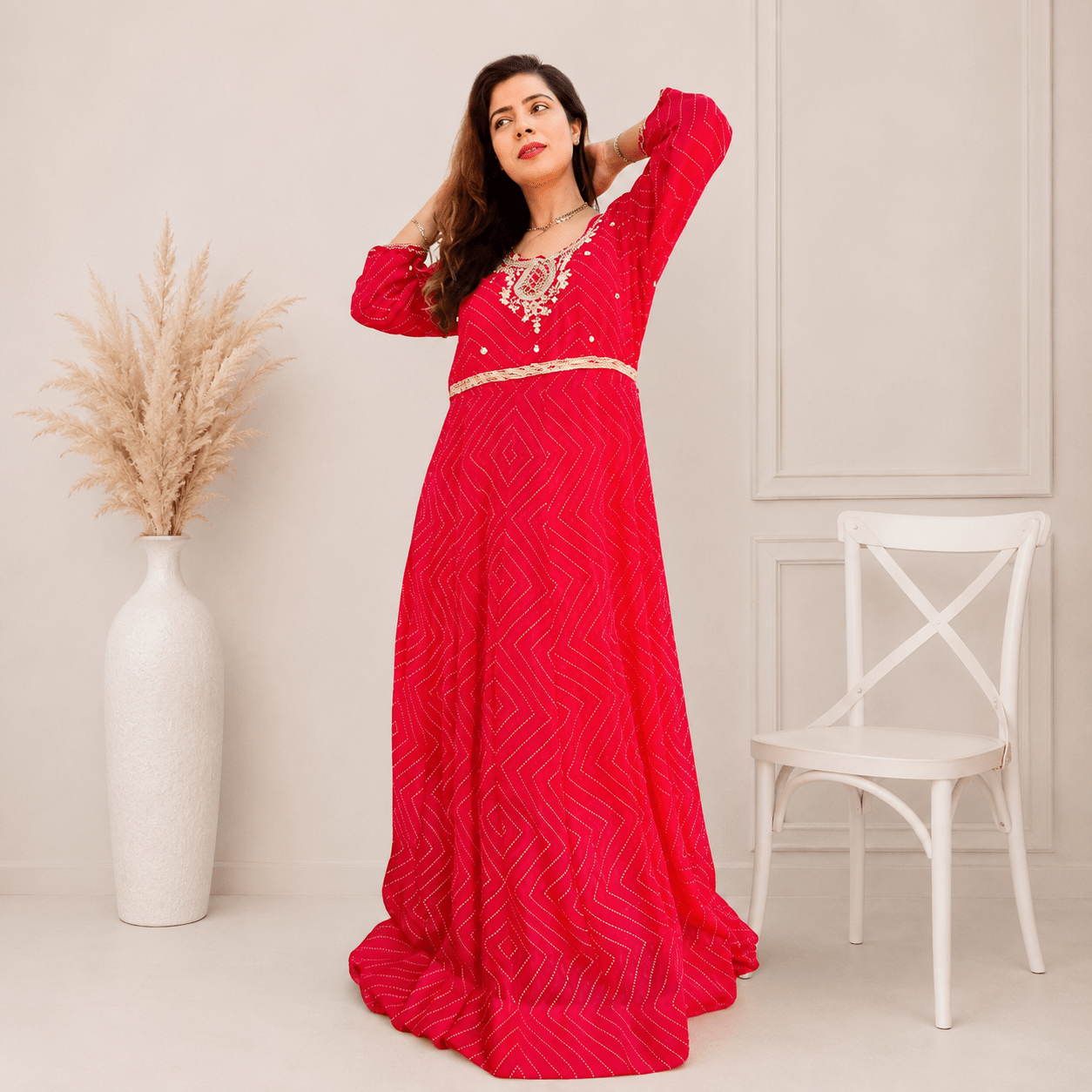 Fuchsia Pink Leheriya Printed Anarkali Maxi Gown with Embroidered Yoke - Image 3