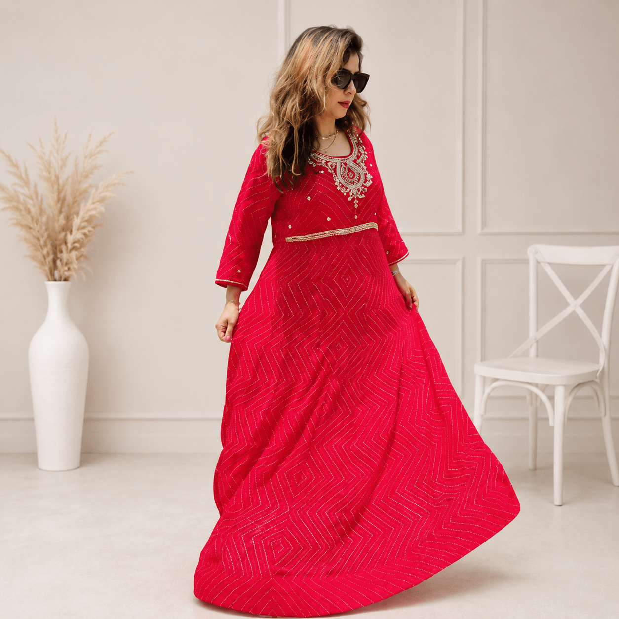 Fuchsia Pink Leheriya Printed Anarkali Maxi Gown with Embroidered Yoke - Image 2