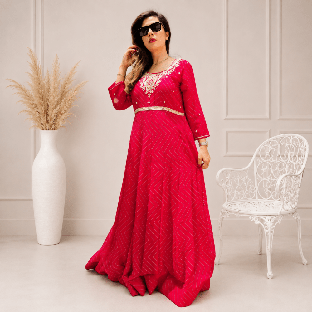 Fuchsia Pink Leheriya Printed Anarkali Maxi Gown with Embroidered Yoke