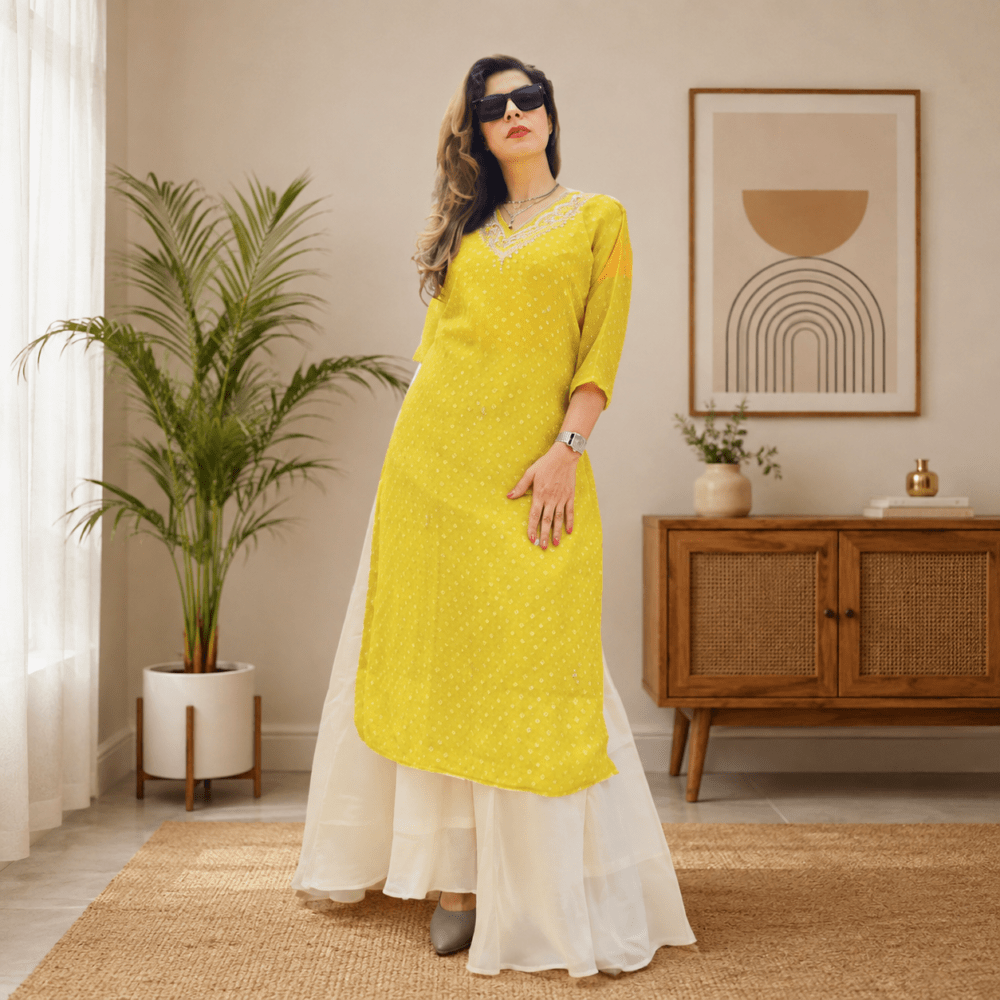 Women Lime Yellow & White Bandhani Screen Print Straight Kurta