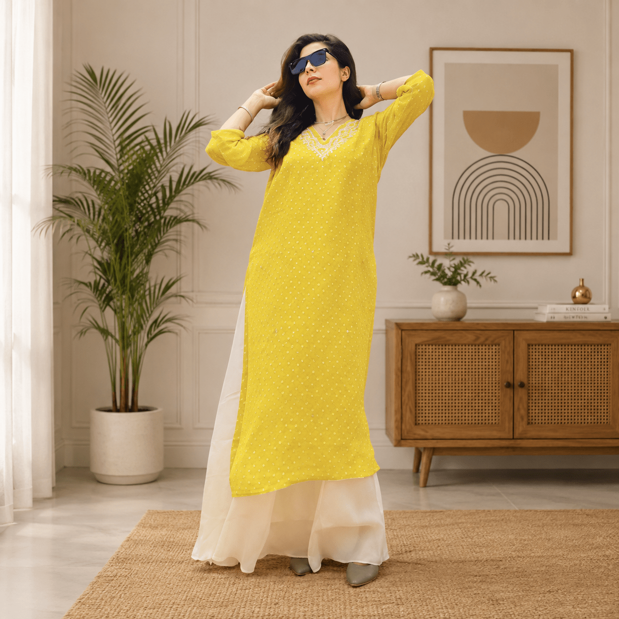 Women Lime Yellow & White Bandhani Screen Print Straight Kurta - Image 2