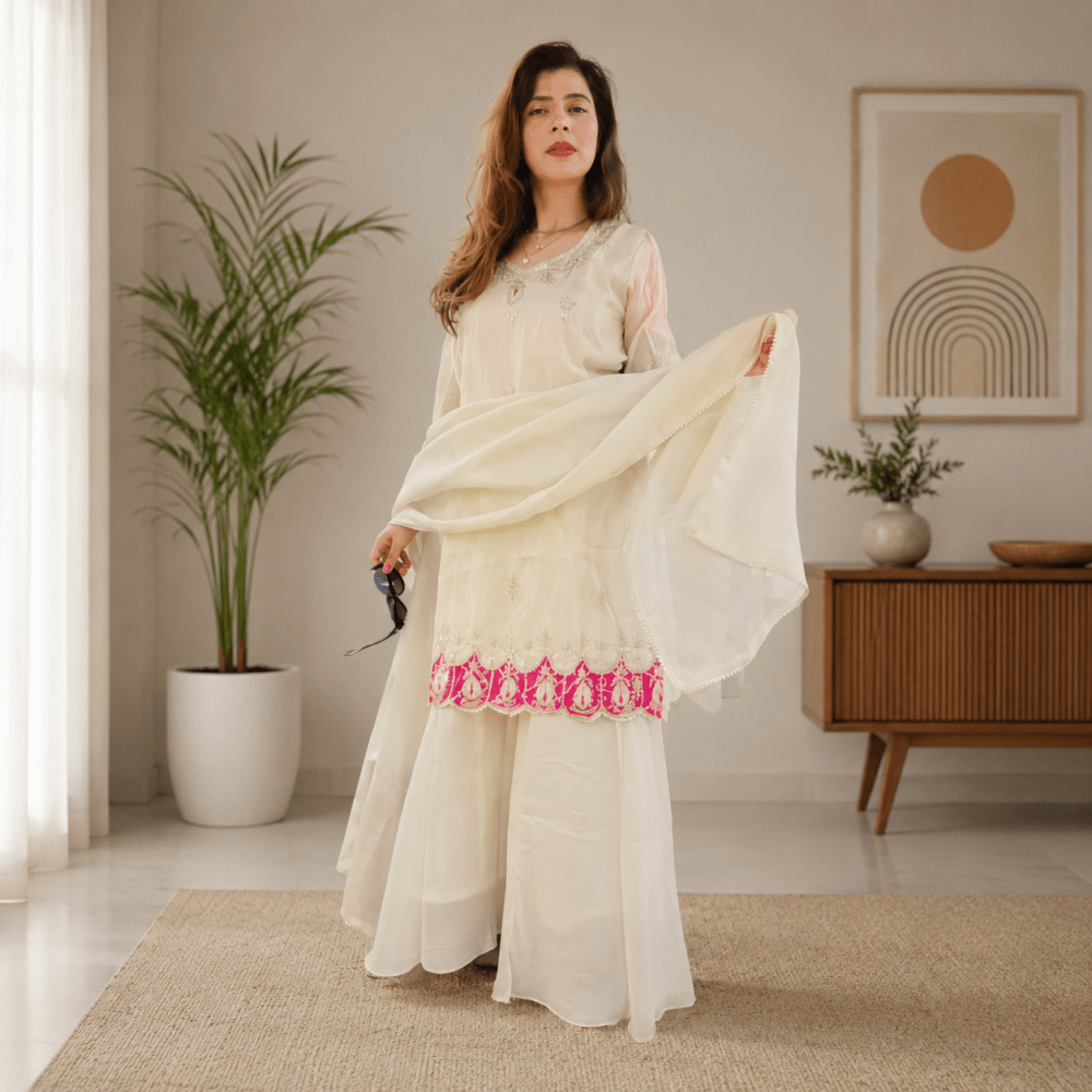 Women Cream-Coloured & Pink Embroidered Straight Georgette Kurta with Palazzos & Dupatta