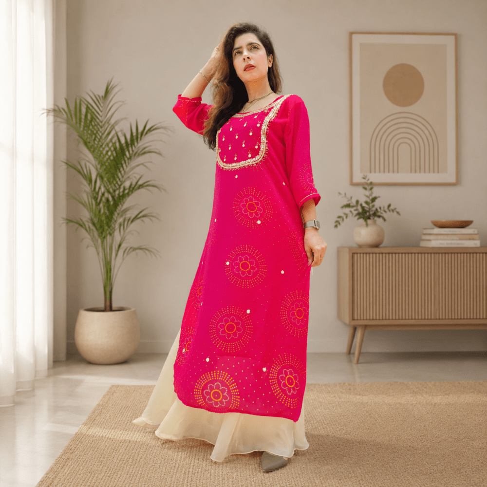 Ethnic Motifs Embroidered Bandhani Printed Georgette Straight Kurta