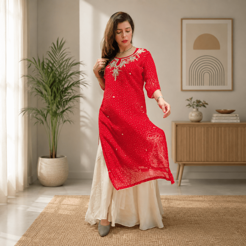 Women Red & White Jaipuri Bandhani Printed Straight Kurta with Embroidered Neckline