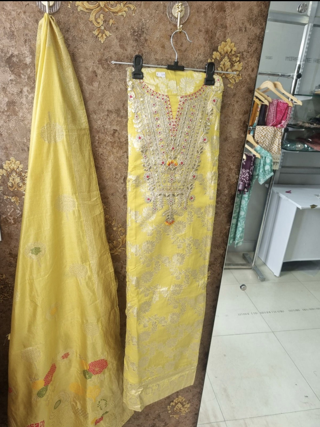 Yellow Chanderi Silk Blend Ethnic Motifs Woven Unstitched dpatra suit Material with Heavy Embroidered Neckline & Matching Dupatta - Image 3