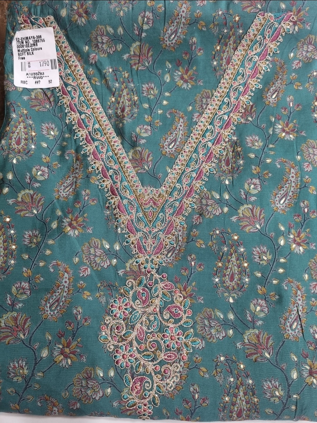 EthnicVibesWomen Teal Green & Grey Paisley Printed Unstitched Dress Material with Embellished Neckline & Dupatta - Image 3