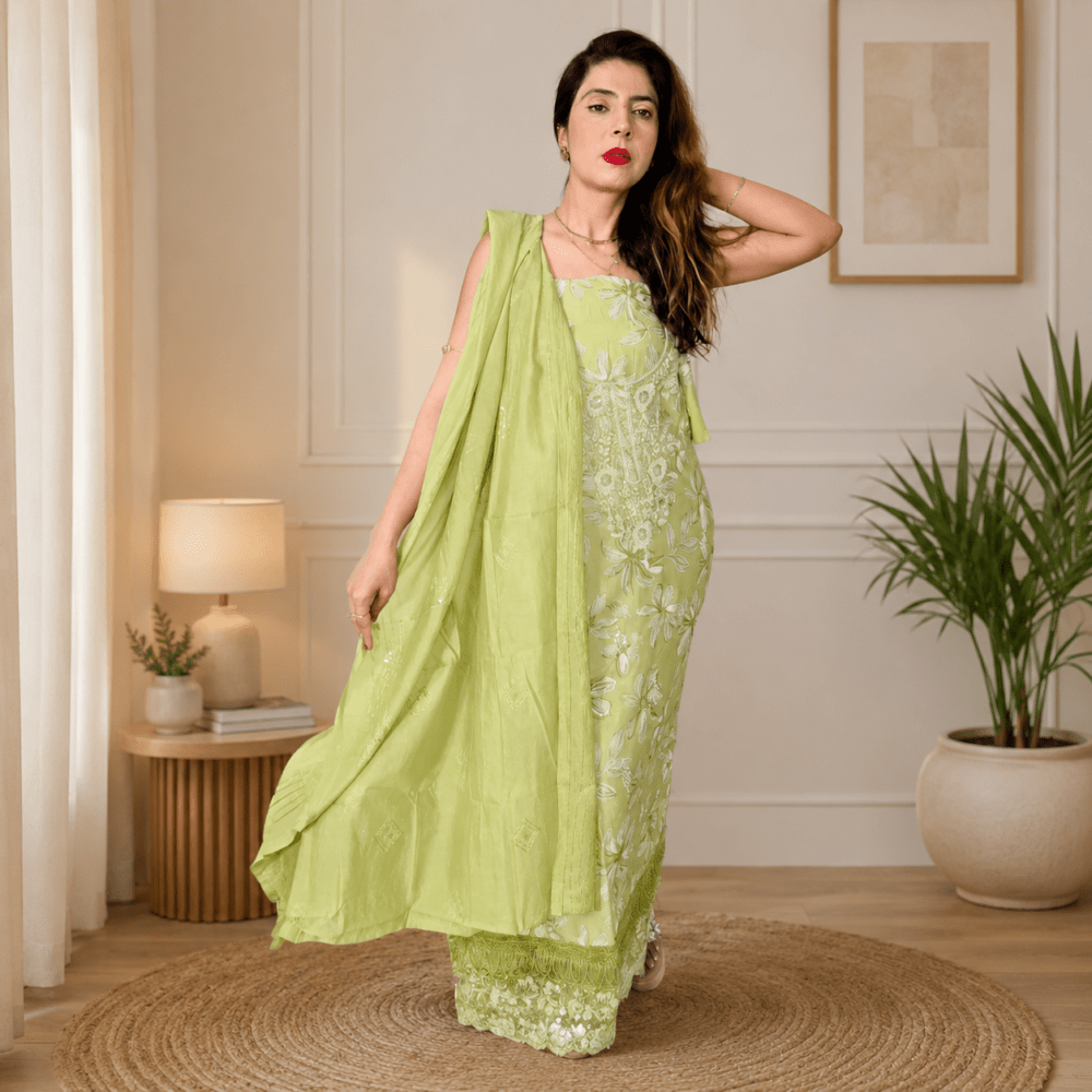 EthnicPlus green Floral Chikankari Embroidered Unstitched Dress Material With Dupatta