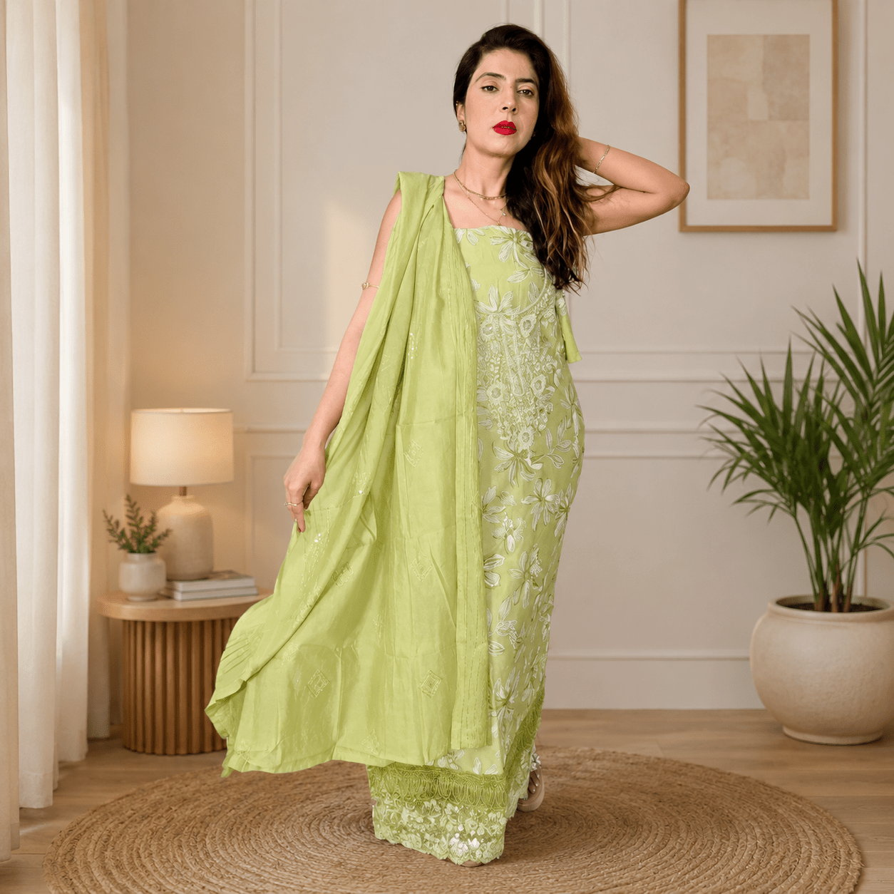 EthnicPlus green Floral Chikankari Embroidered Unstitched Dress Material With Dupatta