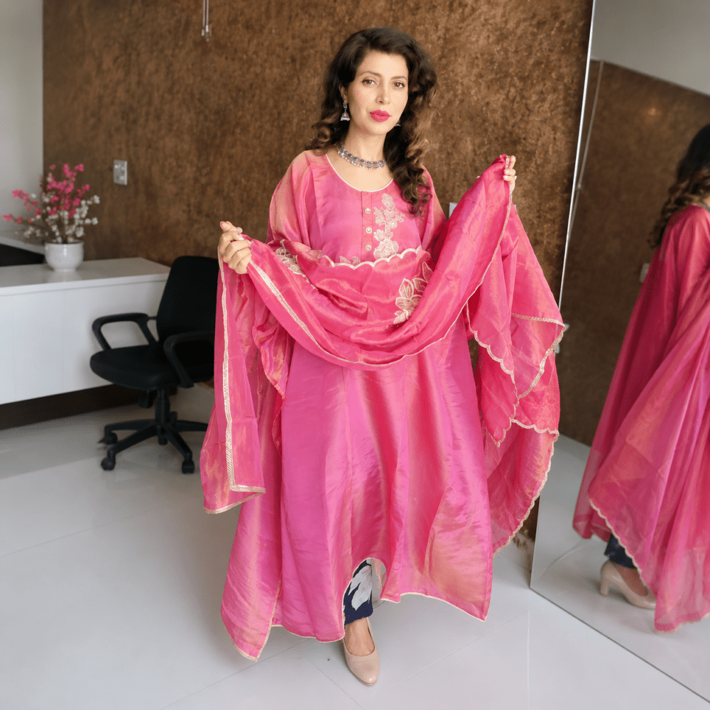 Festival Special Pink Silk-Blend Unstitched Ethnic Motifs Embroidered Kurta Fabric with Scalloped Dupatta & Bottom Fabric