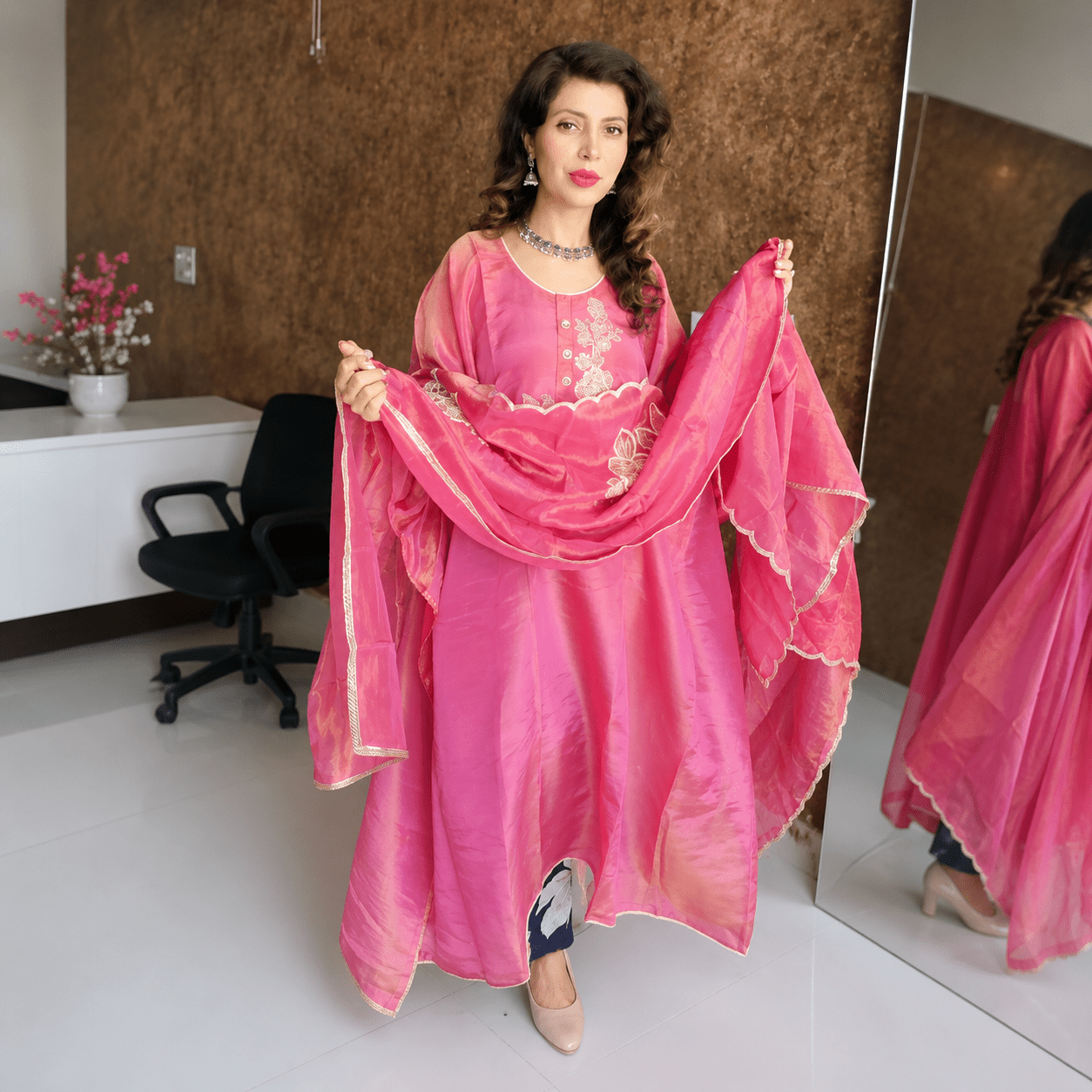 Festival Special Pink Silk-Blend Unstitched Ethnic Motifs Embroidered Kurta Fabric with Scalloped Dupatta & Bottom Fabric