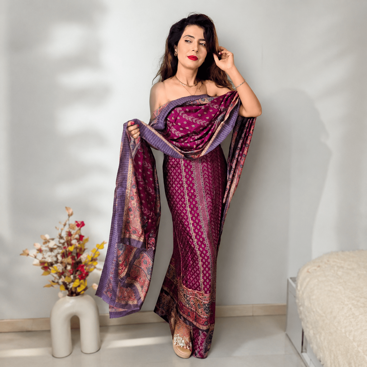 Premium Women Purple Ethnic Motifs Printed Unstitched Kurta with Bottom Material & Dupatta - Image 2