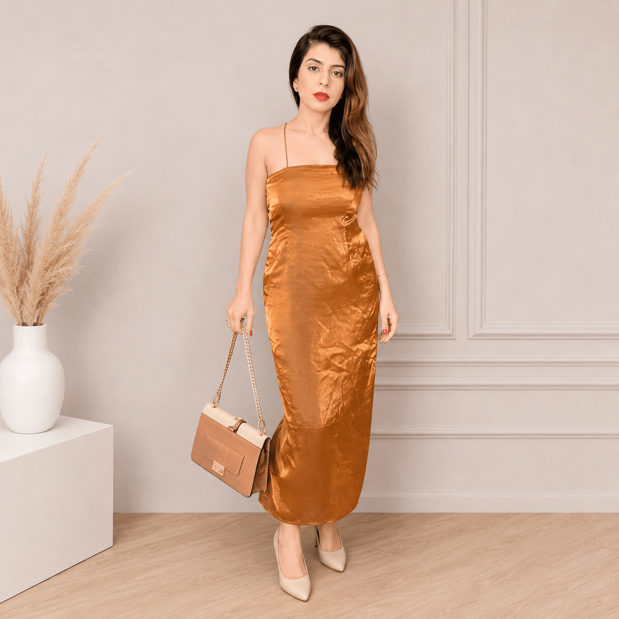 Metallic Copper-Toned Spaghetti Strap Maxi Dress