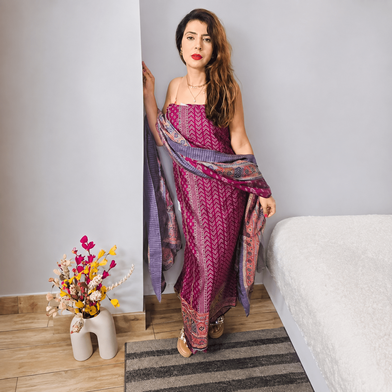 Premium Women Purple Ethnic Motifs Printed Unstitched Kurta with Bottom Material & Dupatta