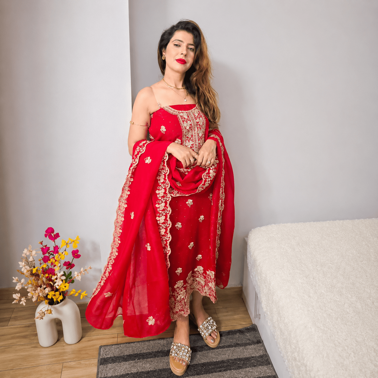 Women Red Ethnic Motifs Embroidered Unstitched Suit Material with Organza Dupatta - Image 2