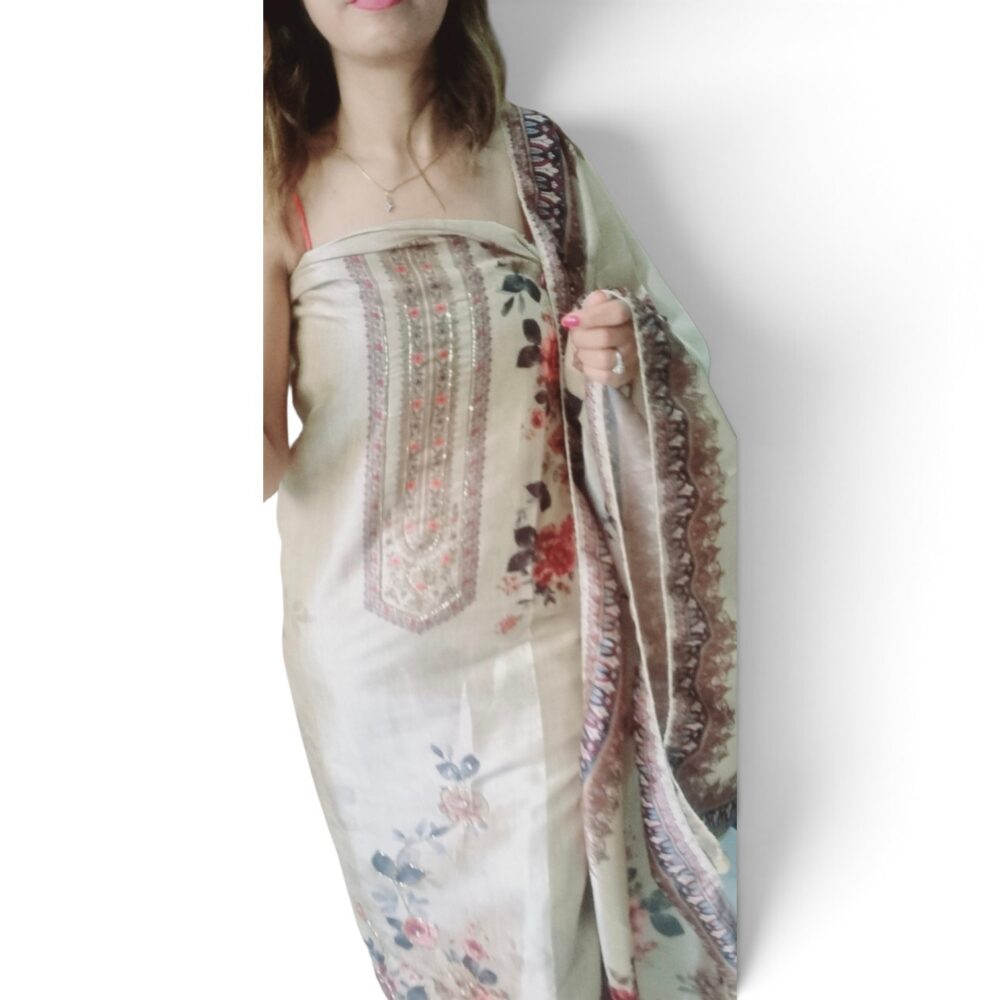 Beige-cream designer unstitched suit
